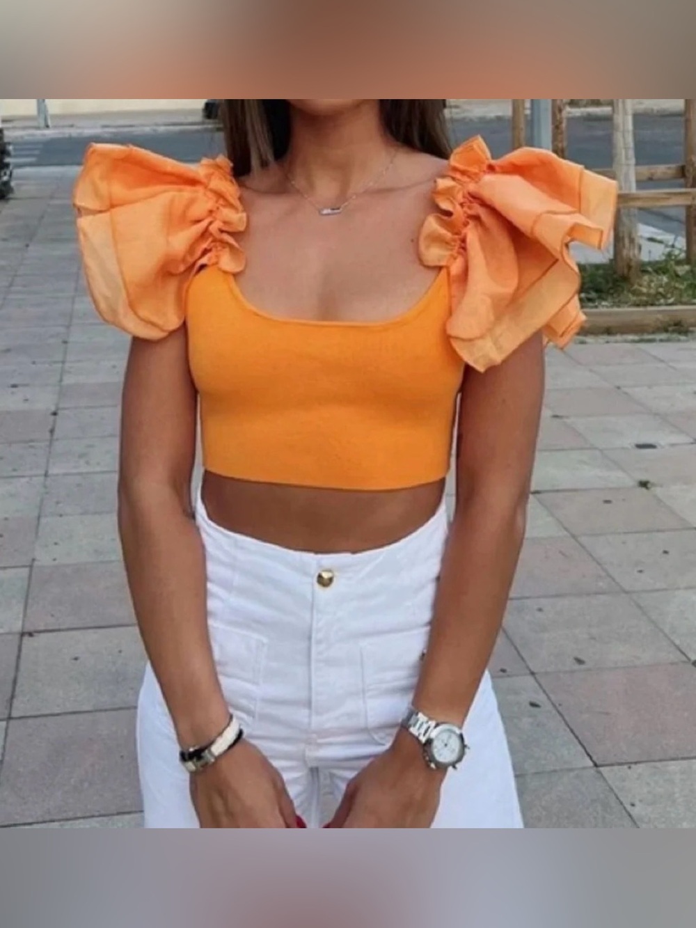 Zara Orange Puff-Sleeve Crop Top - Picture 6 of 8